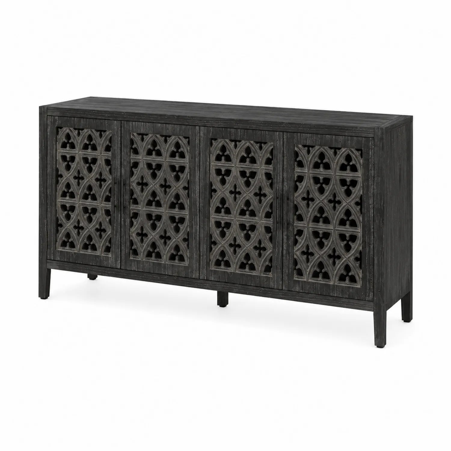 Buffet en bois sculpté 4 portes noir 160x40x90 cm