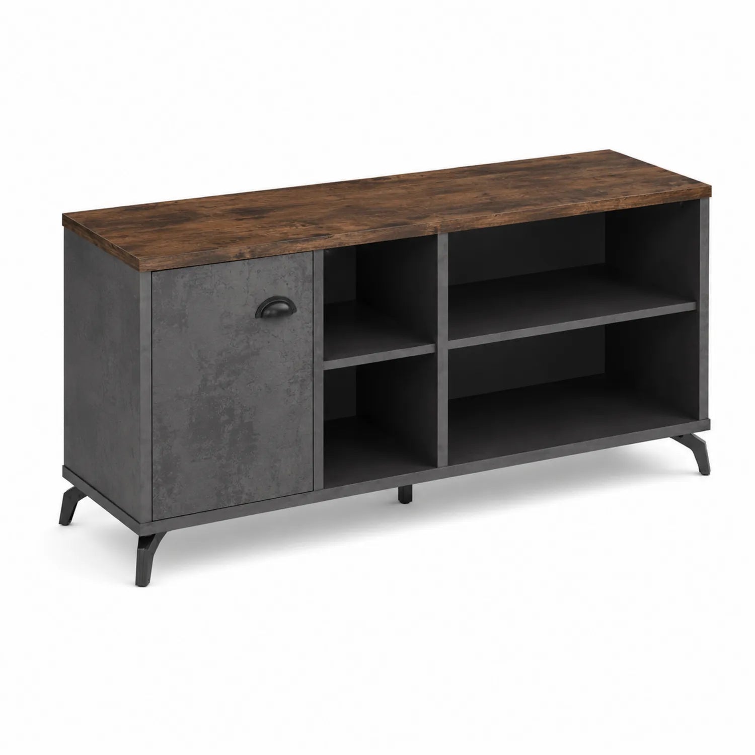 Meuble TV en Bois et Métal Gris Foncé avec Plateau Marron Clair