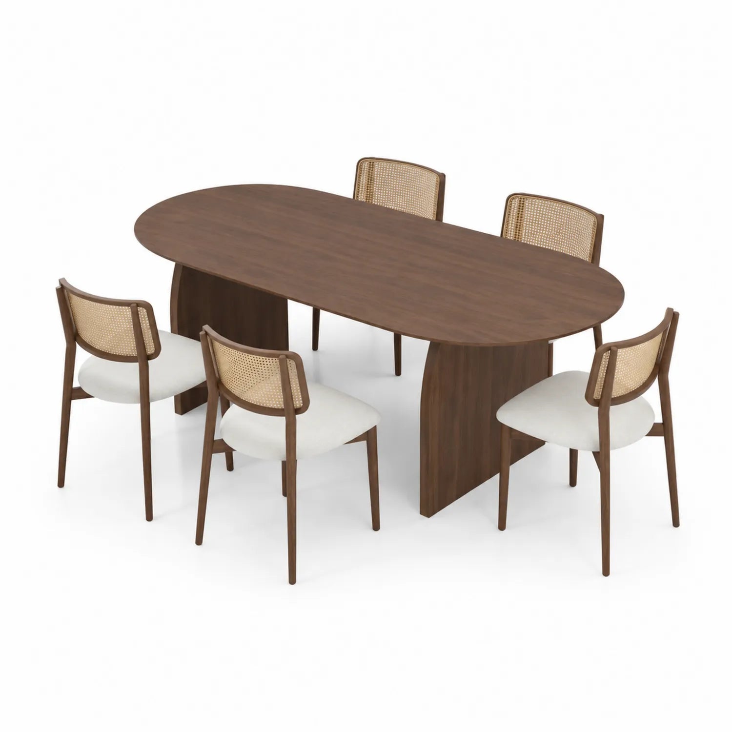 Table à manger ovale en bois avec 6 chaises en bois et rotin