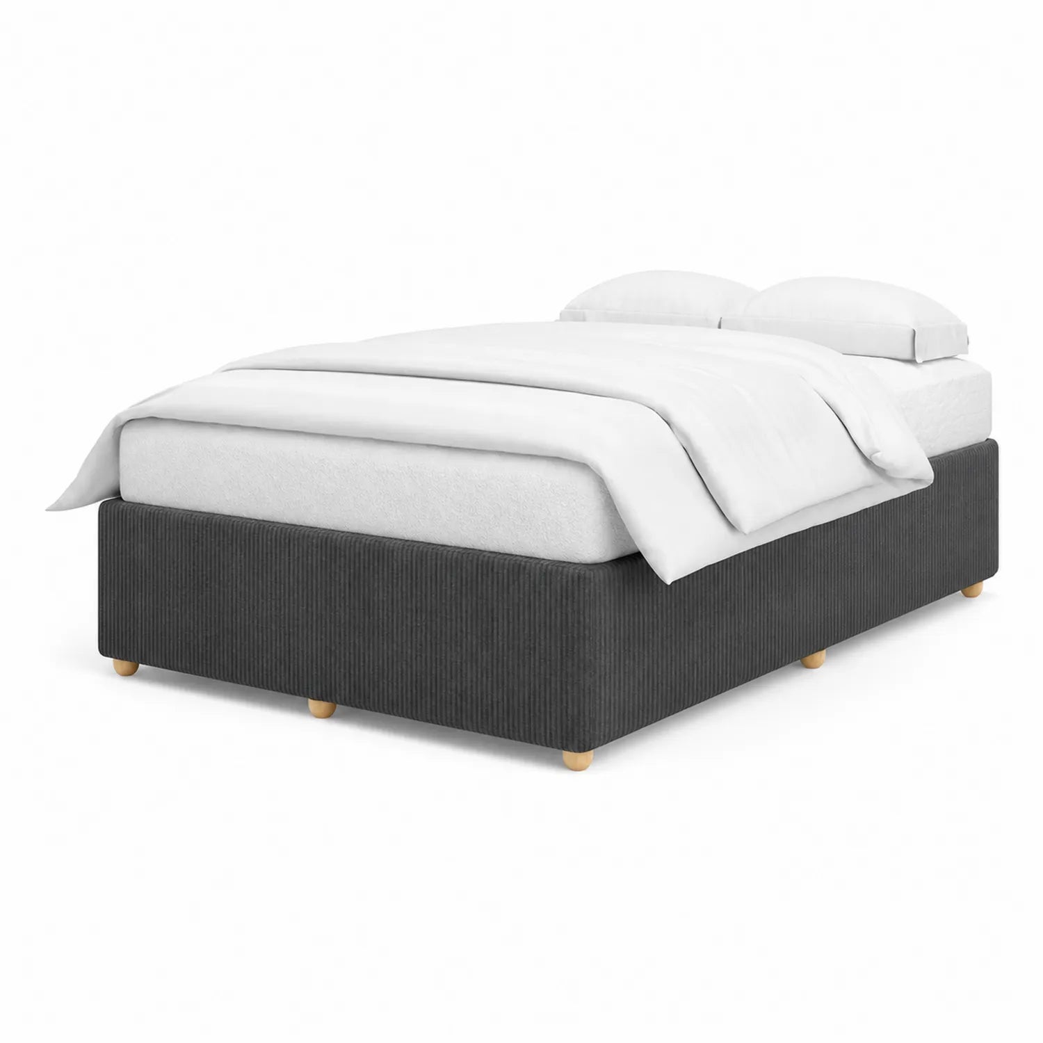 Lit double en tissu côtelé gris avec sommier en bois