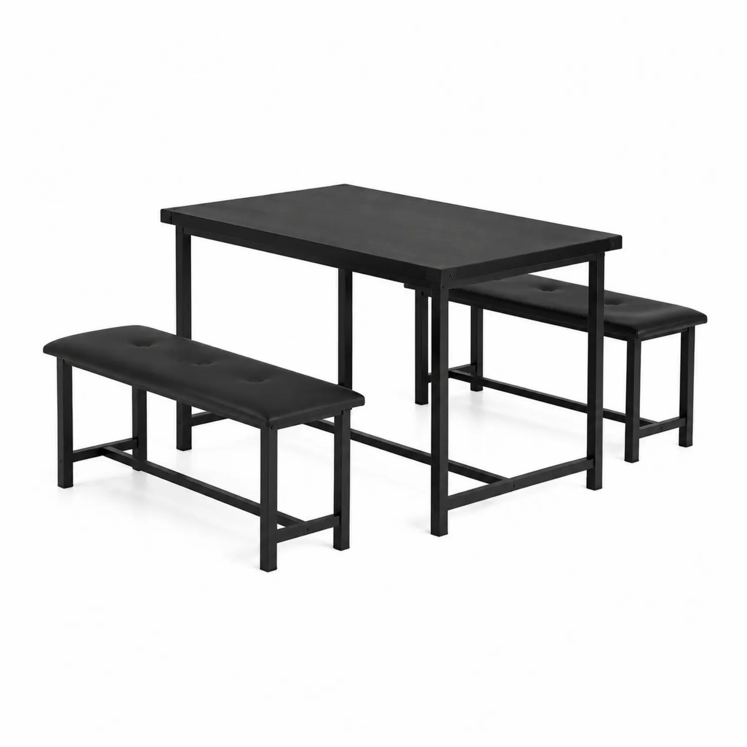 Ensemble de table à manger en métal noir avec bancs en cuir synthétique