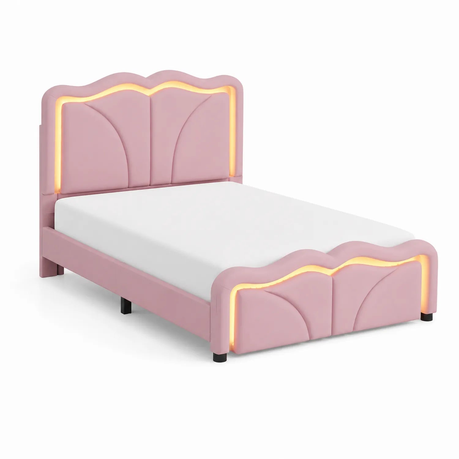 Lit pour enfant en bois et similicuir avec LED, Rose