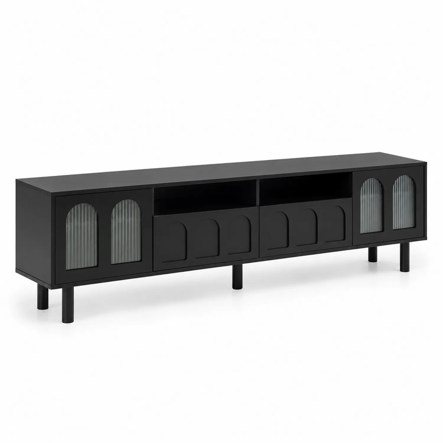 Meuble TV en métal et verre cannelé Noir 200x35x45 cm