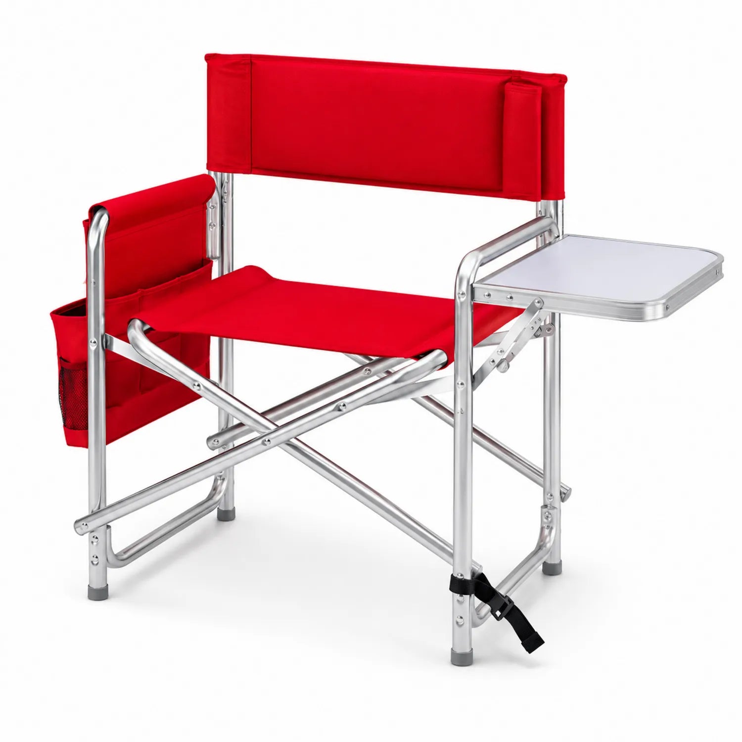 Chaise pliante rouge avec accoudoirs et tablette en aluminium